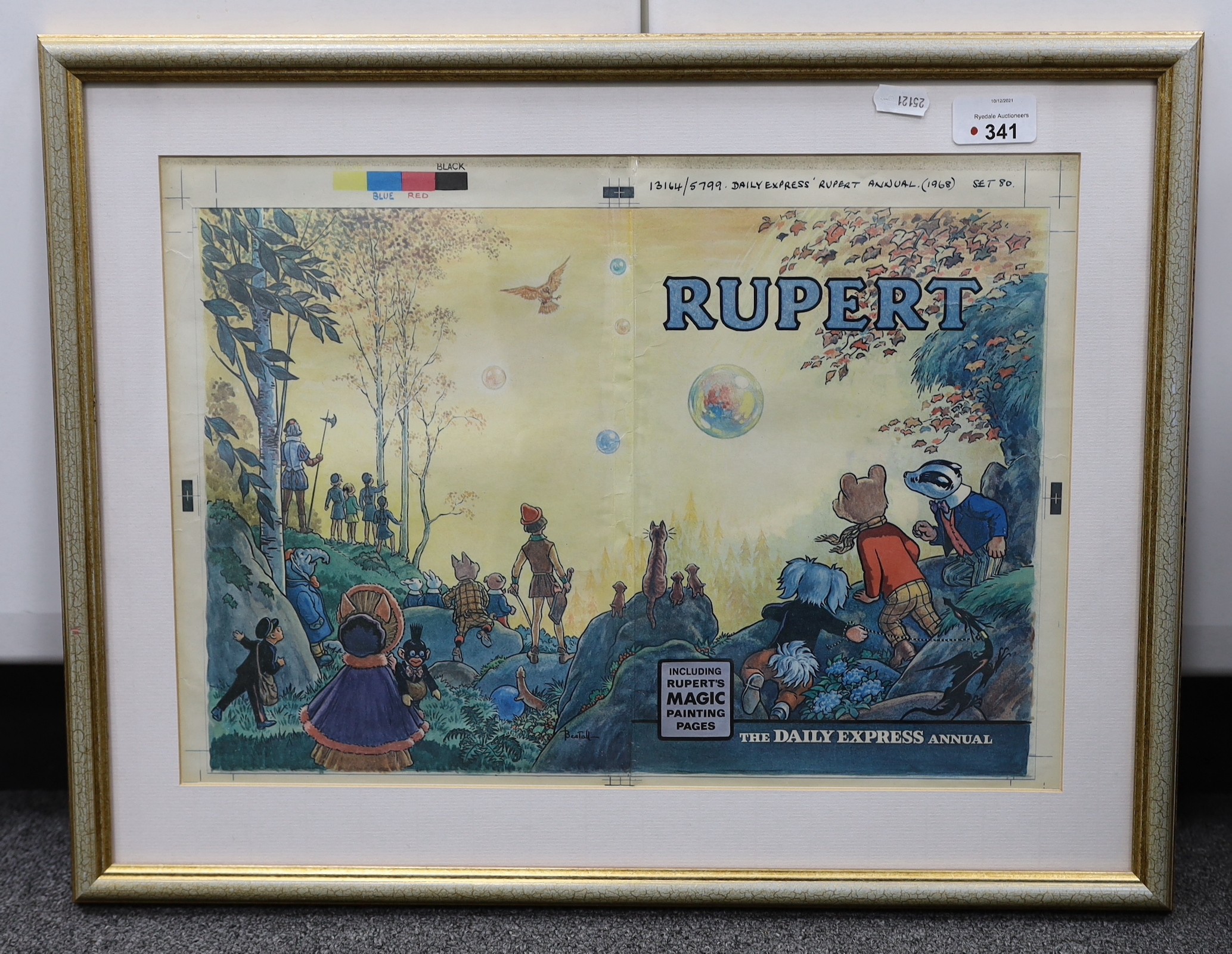 After Alfred Bestall (1892-1986) - 1968 Rupert Bear Annual printer’s proof of the cover, from Greycaines Printers, 30 x 42cms, framed.